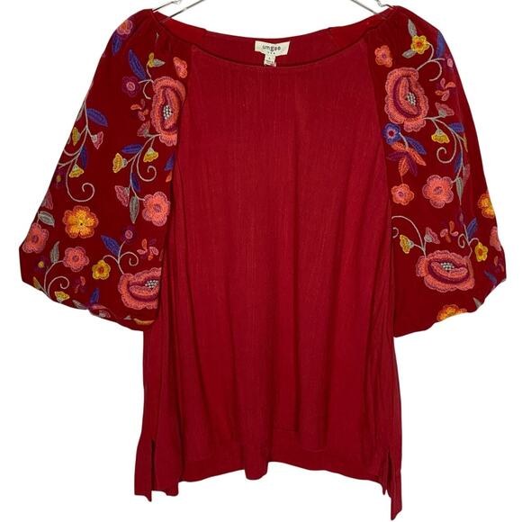 Umgee Tops - Umgee Linen Blend Top L NEW Embroidery Sleeves Crimson Red Floral Puff Sleeves
